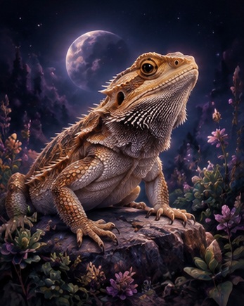 Bearded dragon in a moonlit enchanted forest