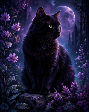 Black cat in a moonlit enchanted forest