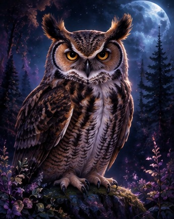 Great horned owl in a moonlit enchanted forest