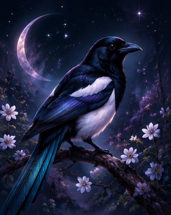 Magpie in a moonlit enchanted forest