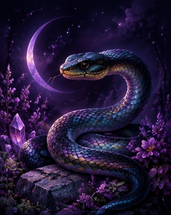 Serpent in a moonlit enchanted forest